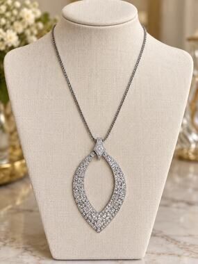 Oversized Rhinestone Statement Necklace Huge 5” Teardrop Pendant Silver Tone